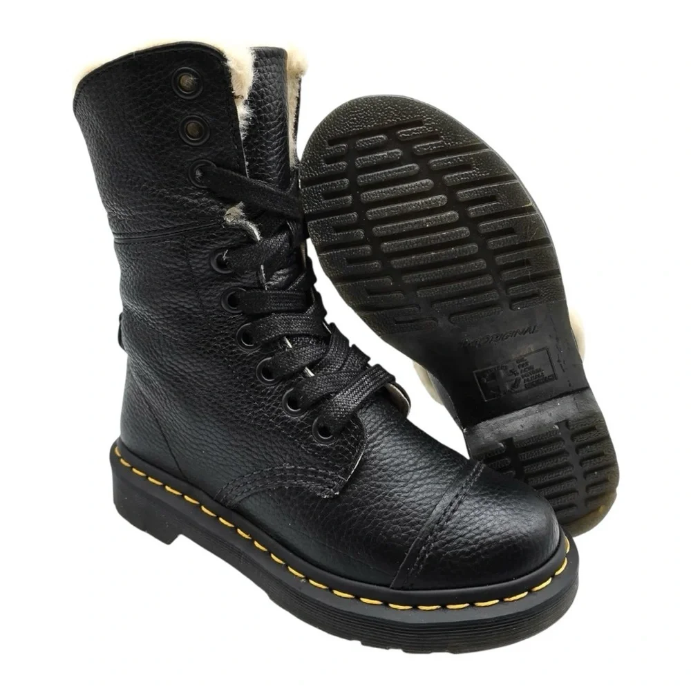 Dr. Marten’s Amilita Aunt Sally Black Leather Faux Fur Lined Boot.